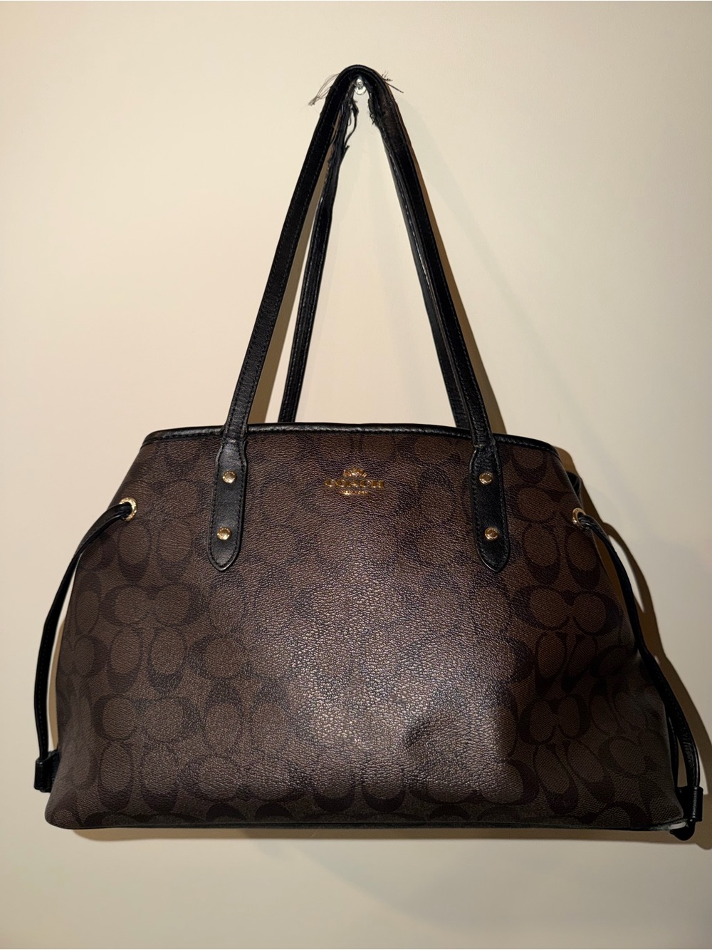 Coach Dark Brown Signature Canvas Tote with Black Straps